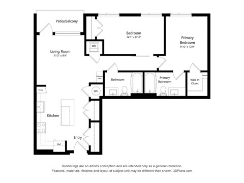 Floor plan for 2 beds, 2 baths, 961 sqft